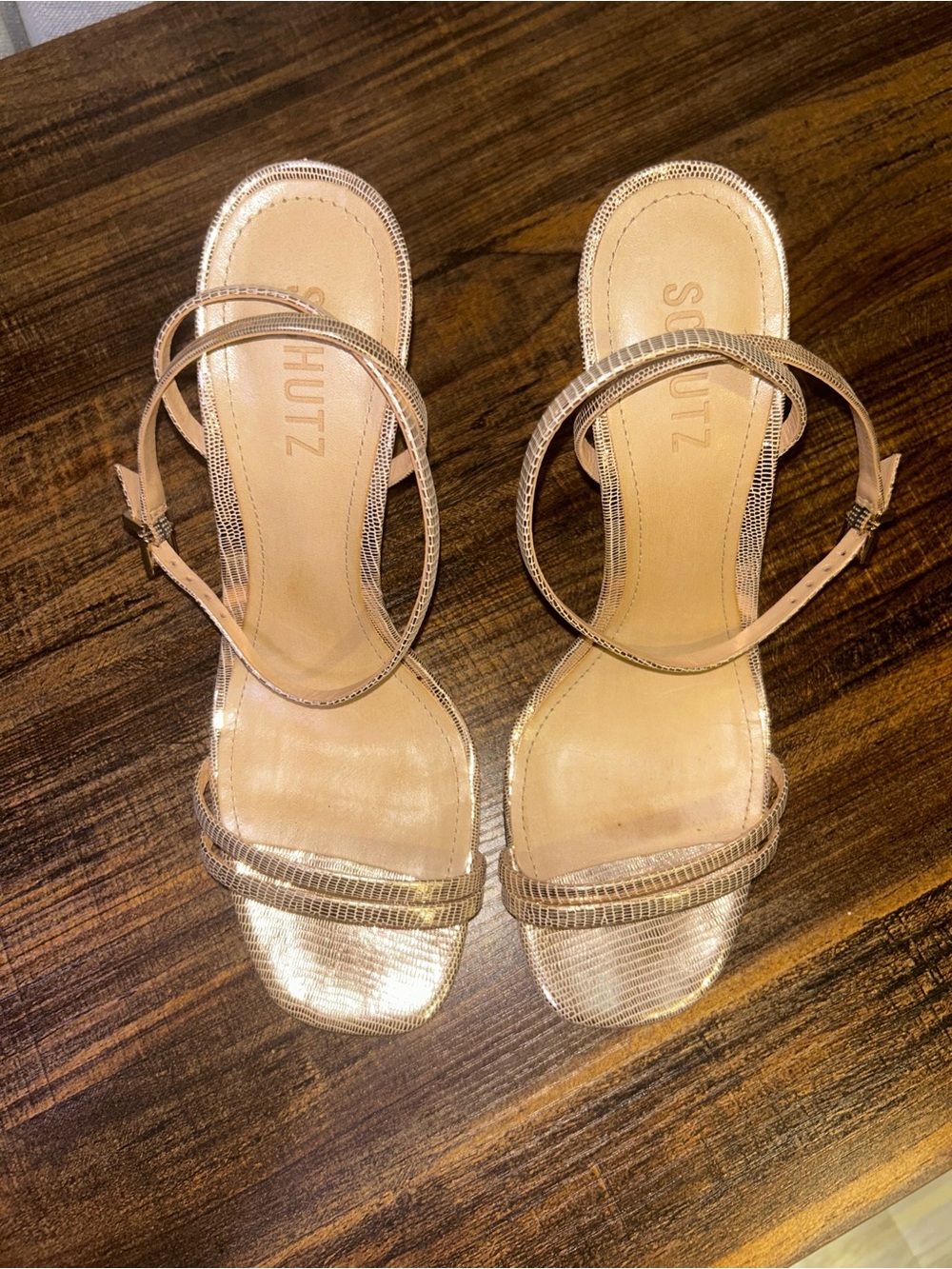 SCHUTZ Rose Gold Strappy 4” Heeled Sandals 8B